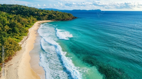 Aerial view sandy beach and waves beautiful tropical sea 