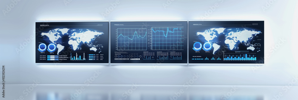 Digital financial graphs and charts displayed on large screens in a modern office setting.
Digital financial graphs and charts displayed on large screens in a modern office setting.