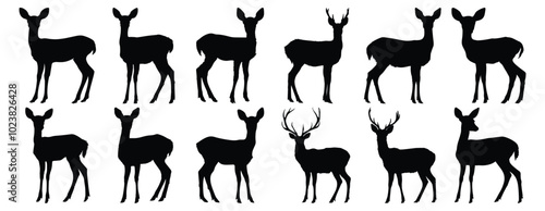 Deer silhouettes set, animal pack of vector silhouette design, isolated background