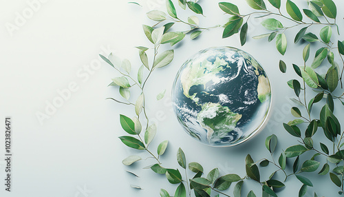 Earth globe encircled by green leaves, symbolizing environmental protection and sustainability.
 photo