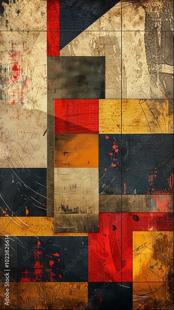 Fototapeta premium A vibrant abstract geometric art piece featuring bold colors and textured patterns, perfect for modern decor and design projects.