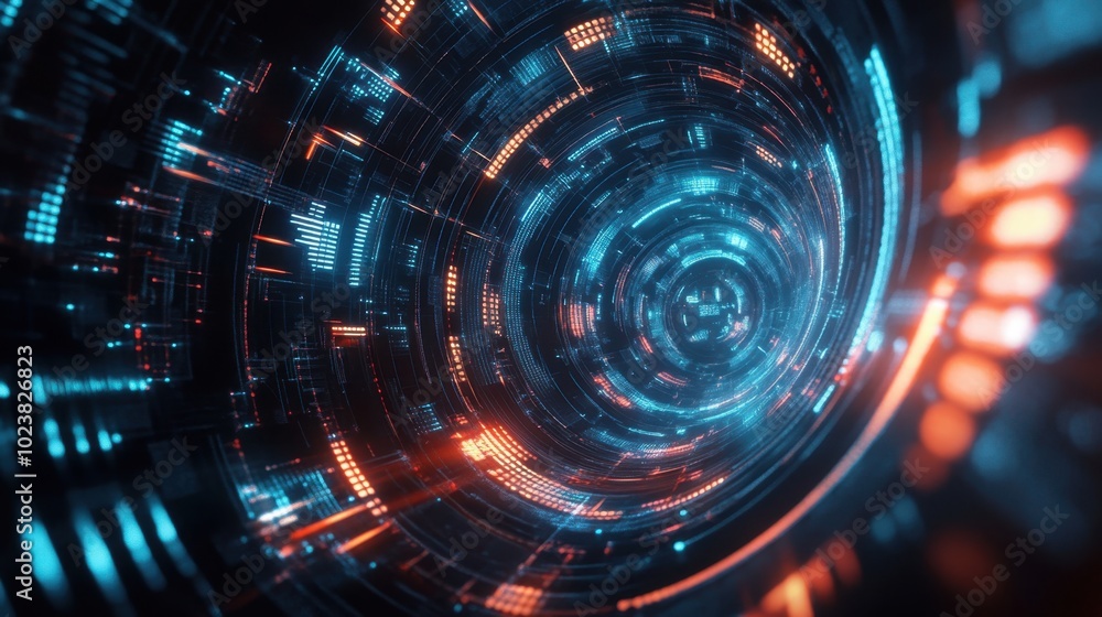 Obraz premium Futuristic digital tunnel with glowing blue and red lights