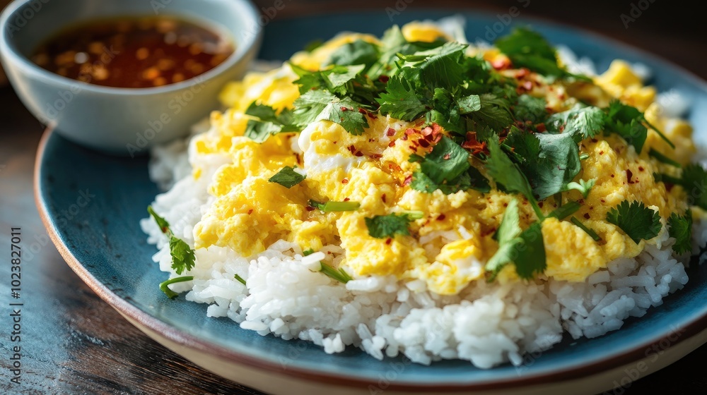 Scrambled Eggs on Rice with Cilantro Garnish Scrambled Eggs on Rice with Cilantro Garnish