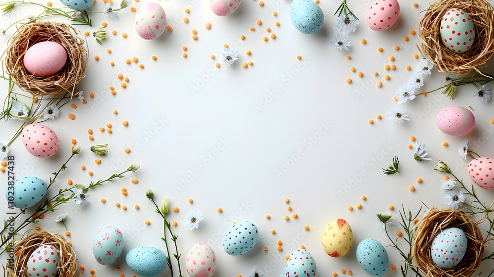 Colorful Easter eggs and nests arranged in a frame on white background. Flat lay composition with copy space. Spring and Easter holiday concept for banner, greeting card, and poster design. Colorful Easter eggs and nests arranged in a frame on white background. Flat lay composition with copy space. Spring and Easter holiday concept for banner, greeting card, and poster design.
