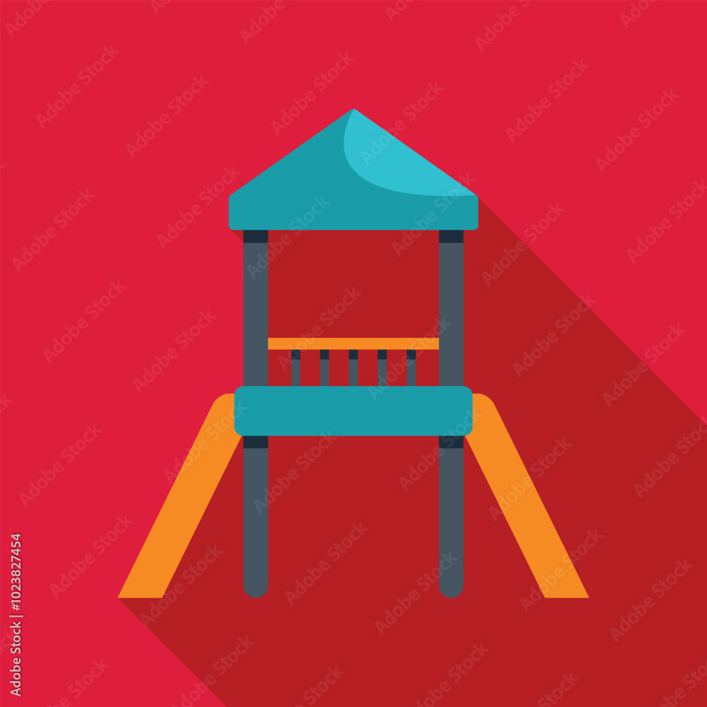 Colorful children's playground slide tower structure is standing on a red background casting a long shadow Colorful children's playground slide tower structure is standing on a red background casting a long shadow
