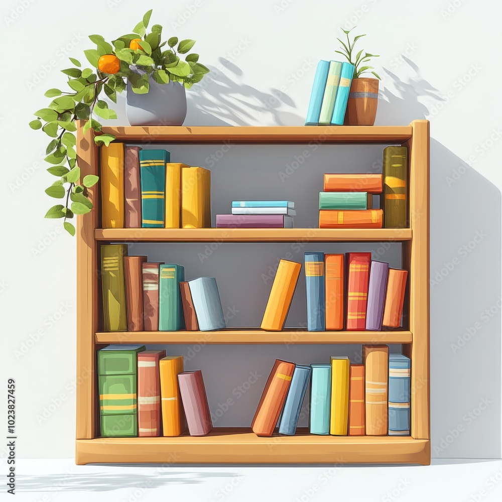 Cozy Bookshelf with Colorful Books and Lush Green Plants in Sunlit Room Cozy Bookshelf with Colorful Books and Lush Green Plants in Sunlit Room