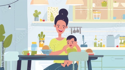 A mother joyfully feeds her baby in a bright and inviting kitchen surrounded by household plants and cheerful decor. Generative AI