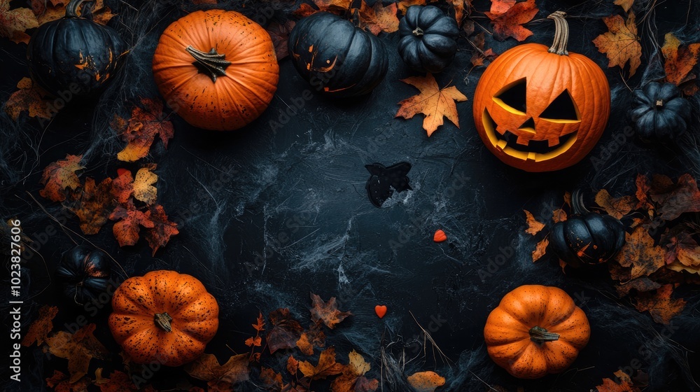 Halloween decorations with pumpkins and spooky themes top view Halloween decorations with pumpkins and spooky themes top view