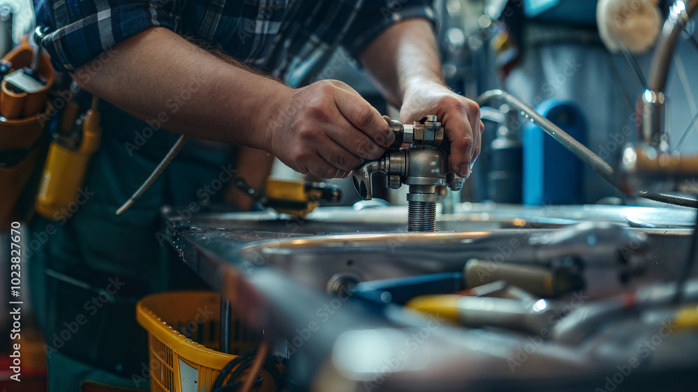 Professional plumber fixing kitchen sink pipes in workshop environment Professional plumber fixing kitchen sink pipes in workshop environment