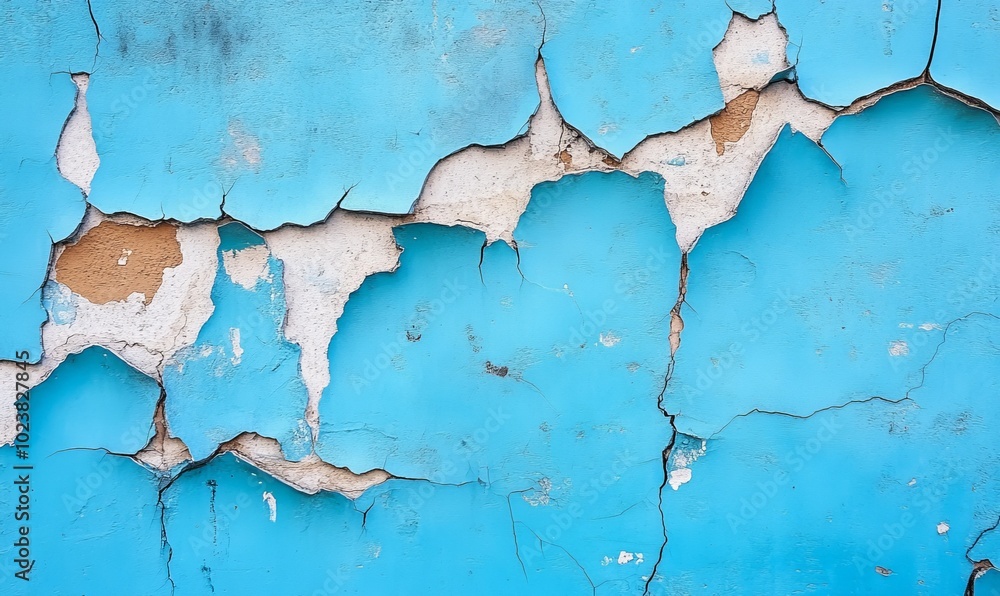 Obraz premium A blue wall with cracks and holes in it