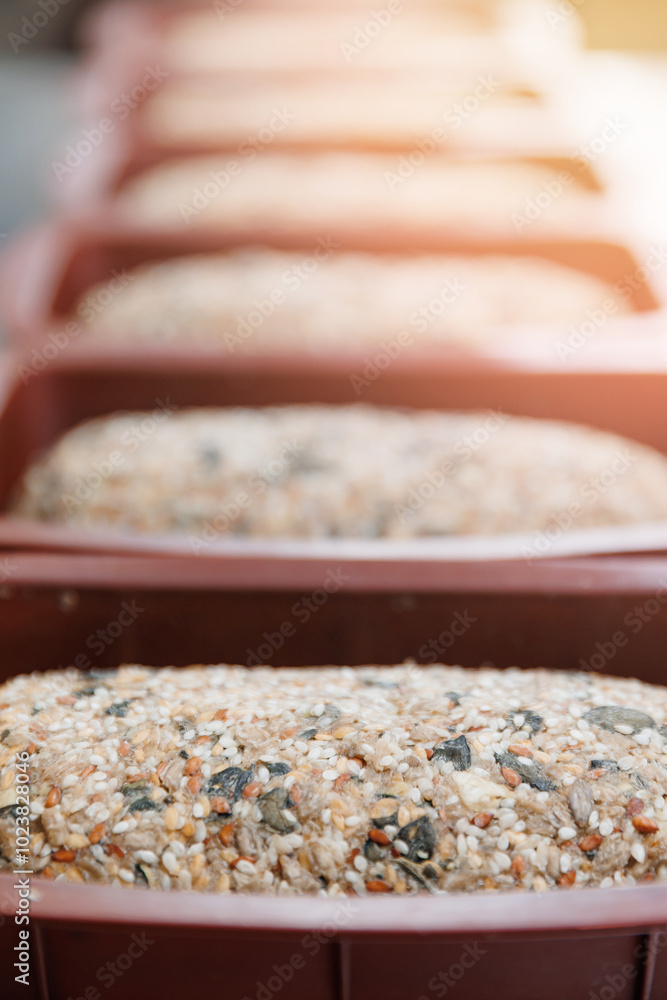 Bakery eco healthy food. Free gluten multigrain bread with seeds, shapes it for baking in oven Bakery eco healthy food. Free gluten multigrain bread with seeds, shapes it for baking in oven