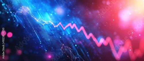 Abstract background with blue and red gradient and a pink line graph going down.