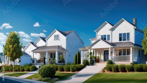 Single story single family upscale white homes clean neighborhood mostly clear blue sky