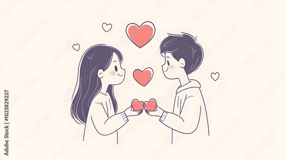 A simple cartoon drawing of a boy giving a heart to a girl A simple cartoon drawing of a boy giving a heart to a girl