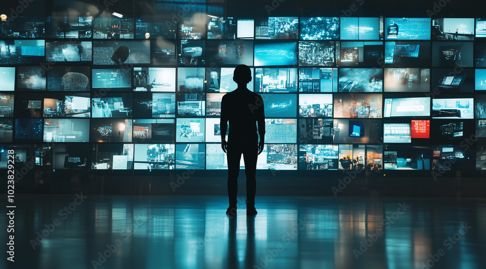A silhouette of an individual standing in front of a wall covered with multiple digital screens displaying various media content A silhouette of an individual standing in front of a wall covered with multiple digital screens displaying various media content