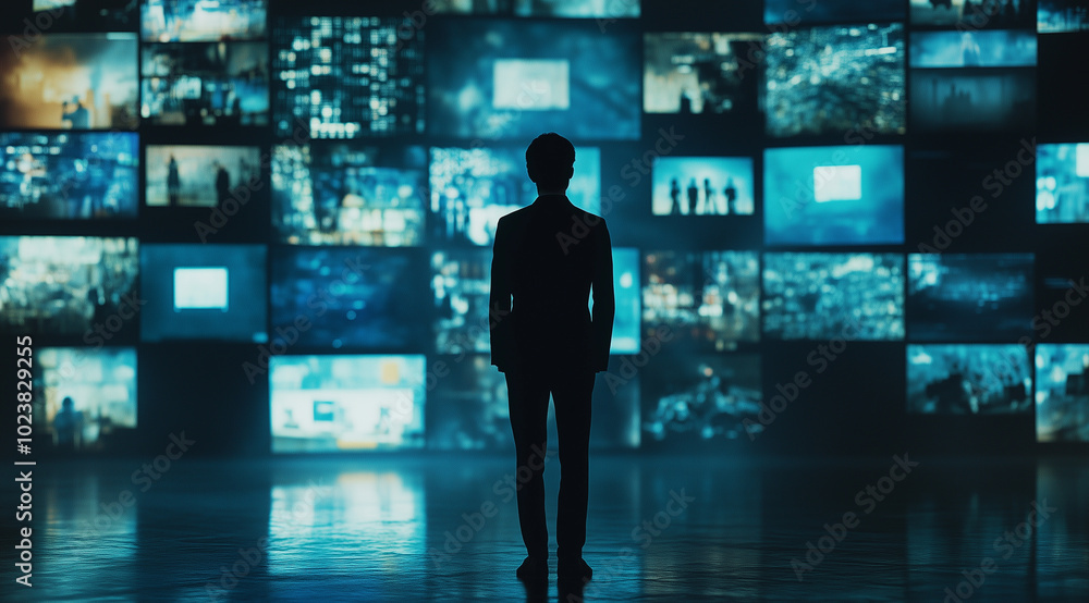 A silhouette of an individual standing in front of a wall covered with multiple digital screens displaying various media content A silhouette of an individual standing in front of a wall covered with multiple digital screens displaying various media content