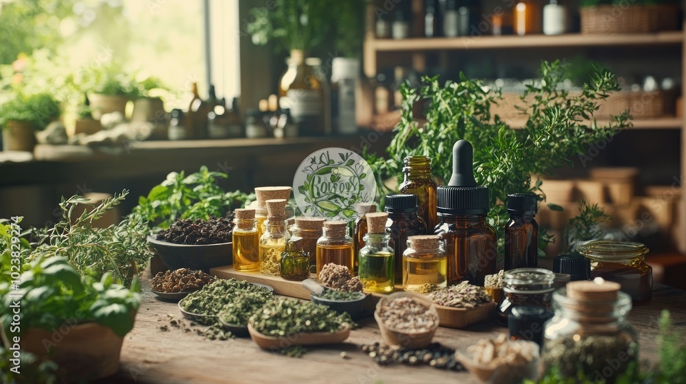An array of herbal remedies and essential oils displayed on a wooden table, surrounded by greenery An array of herbal remedies and essential oils displayed on a wooden table, surrounded by greenery