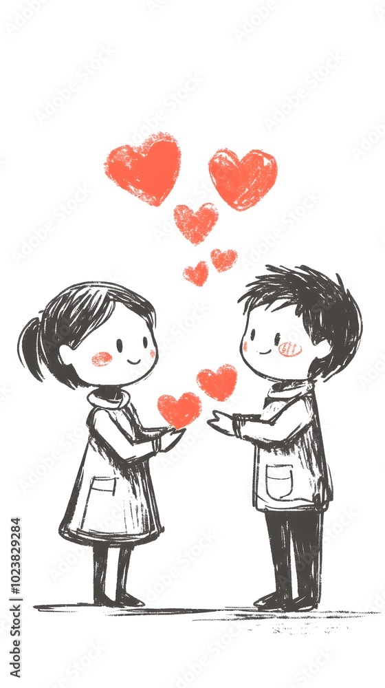A simple cartoon drawing of a boy giving a heart to a girl A simple cartoon drawing of a boy giving a heart to a girl
