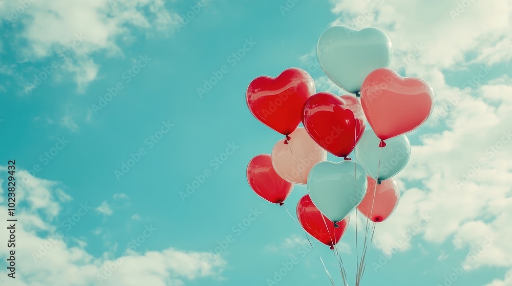 An artistic arrangement of heart-shaped balloons floating against a blue sky An artistic arrangement of heart-shaped balloons floating against a blue sky