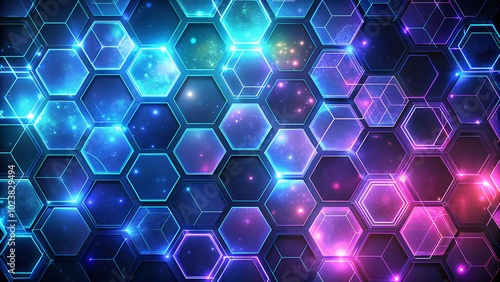 Abstract background with hexagonal grid of transparent hexagons in neon blue and purple, creating depth and light photo