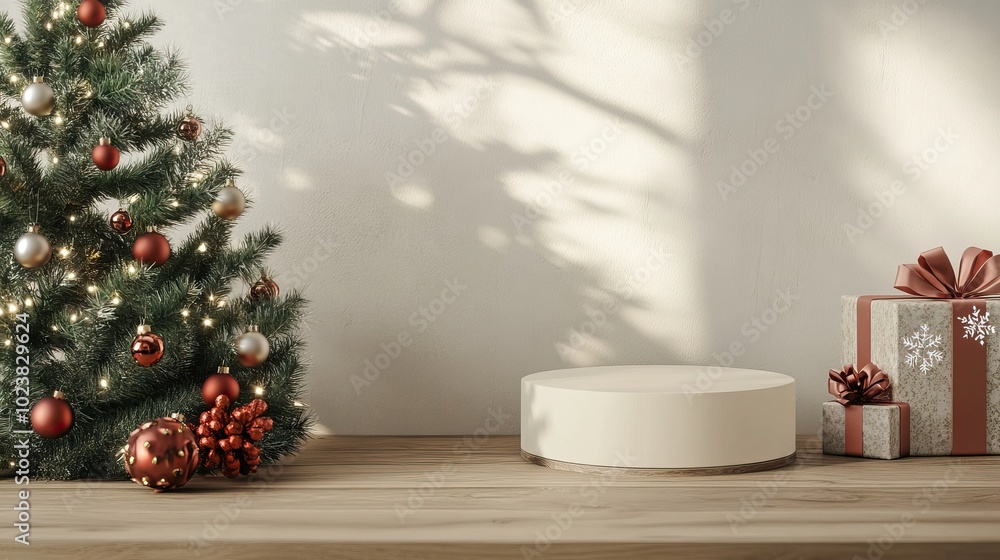 Christmas-themed product displays podium with gifts and ornaments. AI generated image Christmas-themed product displays podium with gifts and ornaments. AI generated image