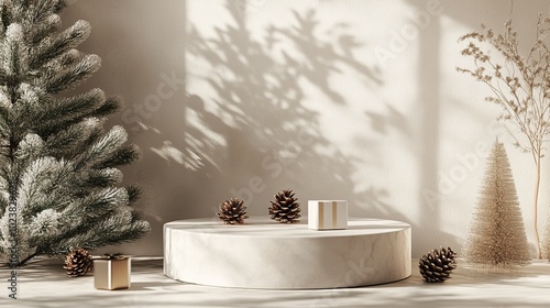 Christmas-themed product displays podium with gifts and ornaments. AI generated image photo