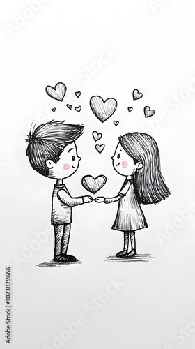 A simple cartoon drawing of a boy giving a heart to a girl