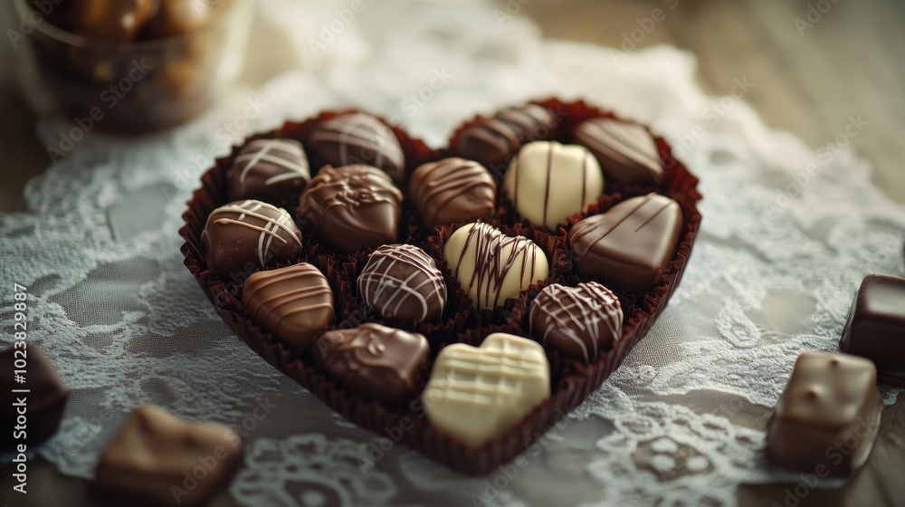An elegant display of assorted chocolates arranged in a heart shape, set on a delicate lace tablecloth An elegant display of assorted chocolates arranged in a heart shape, set on a delicate lace tablecloth