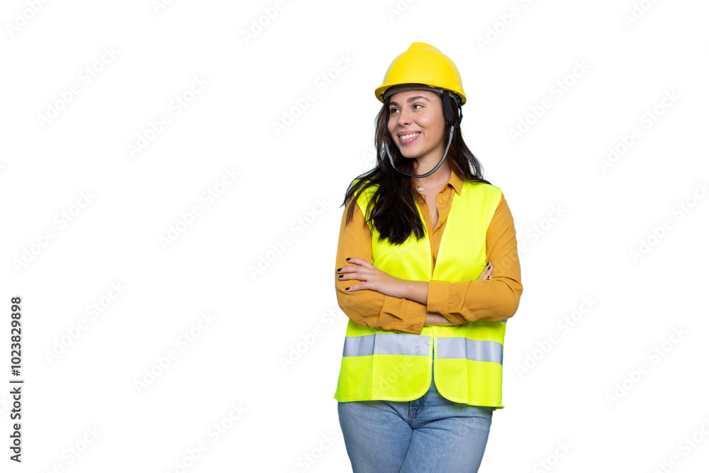 Confident young female engineer in a hard hat on a construction site Confident young female engineer in a hard hat on a construction site