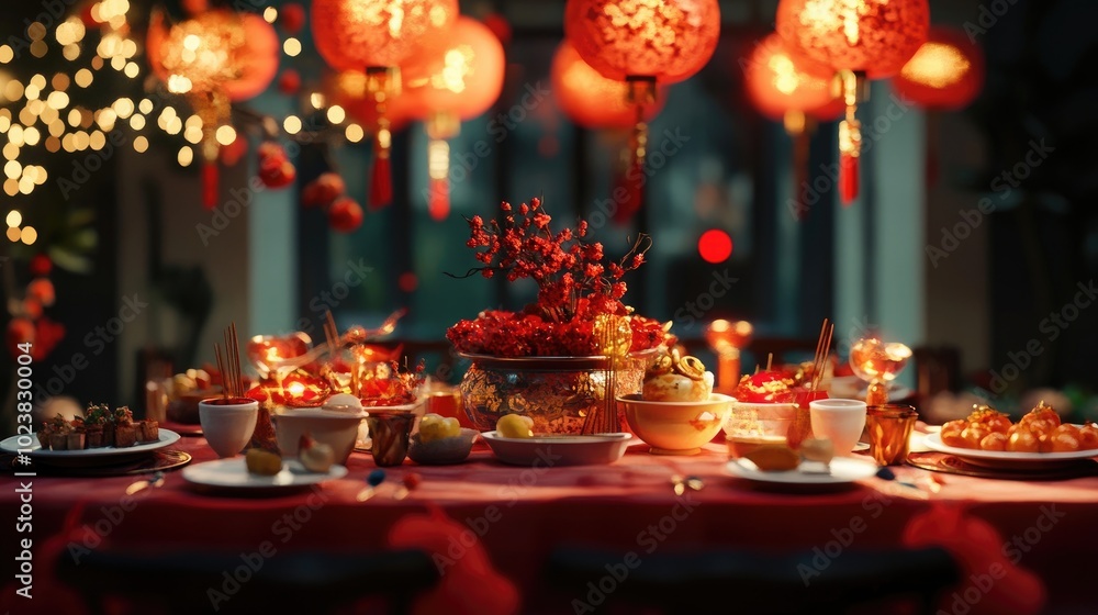 An elegant table setting for a family reunion during Chinese New Year, adorned with traditional decorations An elegant table setting for a family reunion during Chinese New Year, adorned with traditional decorations