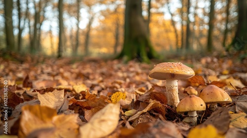 Autumn Forest Scene with Mushrooms and Fallen Leaves