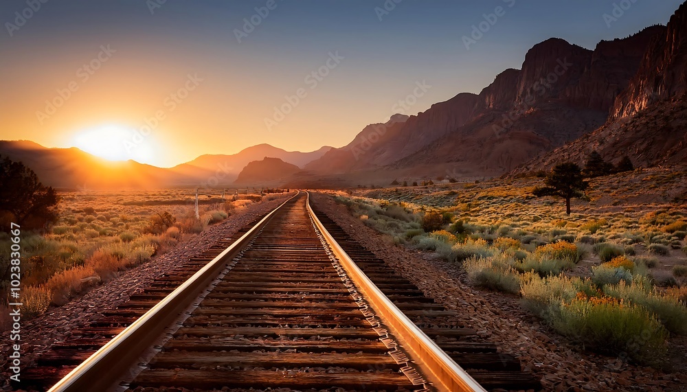 A tranquil western landscape at dusk with the sun setting behind rugged mountains and railway tracks. Generative AI A tranquil western landscape at dusk with the sun setting behind rugged mountains and railway tracks. Generative AI