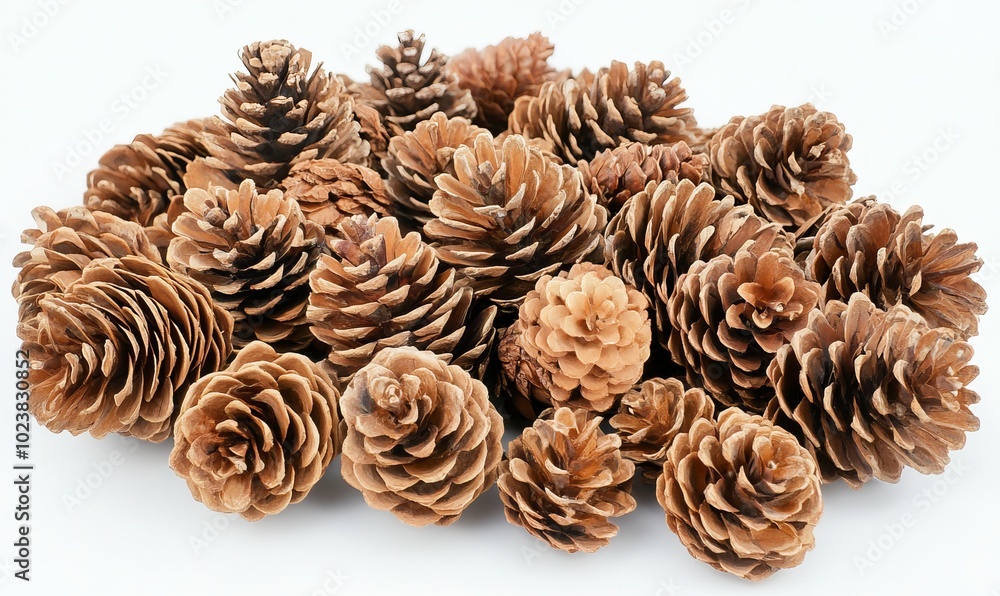 A bunch of pine cones are scattered across a white background A bunch of pine cones are scattered across a white background