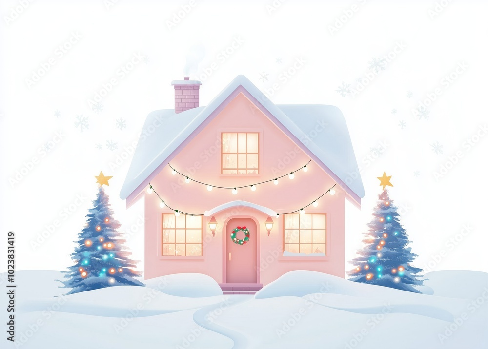 A Festive Winter Scene with a Cozy House and Christmas Trees A Festive Winter Scene with a Cozy House and Christmas Trees
