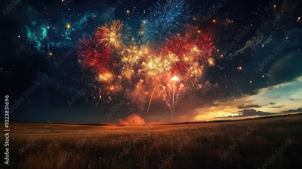 Fireworks lighting up the night sky with brilliant flashes of red, gold, and blue above a vast open field