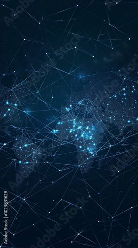 Abstract digital world map with glowing data points and network connections, representing global communication and technology.