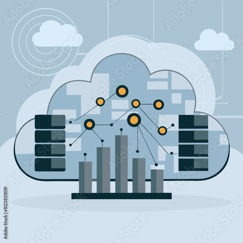 Data visualization in cloud computing with graphs and database connections representing analytics and insights