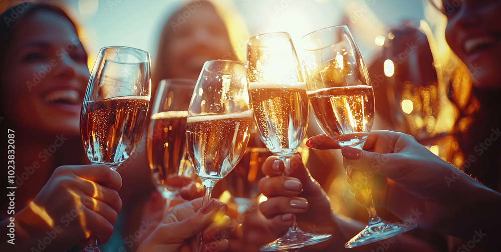 A vibrant group of young women cheerfully toasting with champagne glasses, glowing in warm sunlight. Their laughter and joy reflect a festive celebration of a significant milestone