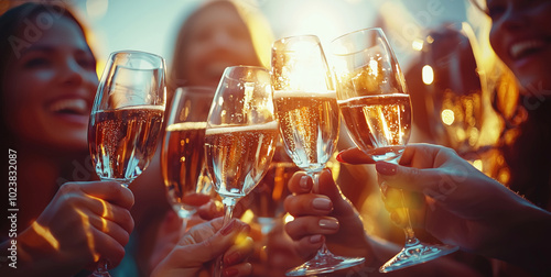Obraz na płótnie A vibrant group of young women cheerfully toasting with champagne glasses, glowing in warm sunlight. Their laughter and joy reflect a festive celebration of a significant milestone w salonie