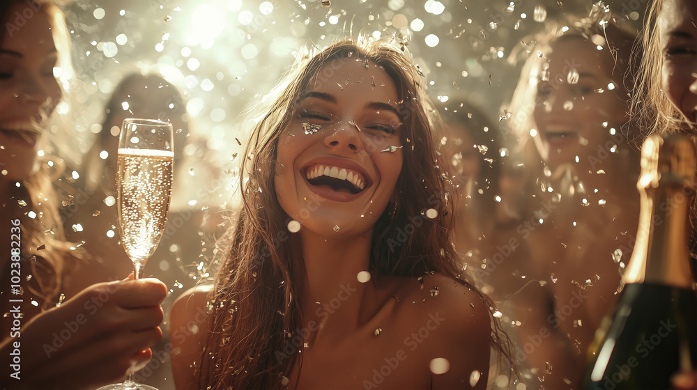 A group of young women celebrate a milestone by raising glasses of champagne, laughing, and cheering. They are dressed in elegant attire and pose against a backdrop of city lights.