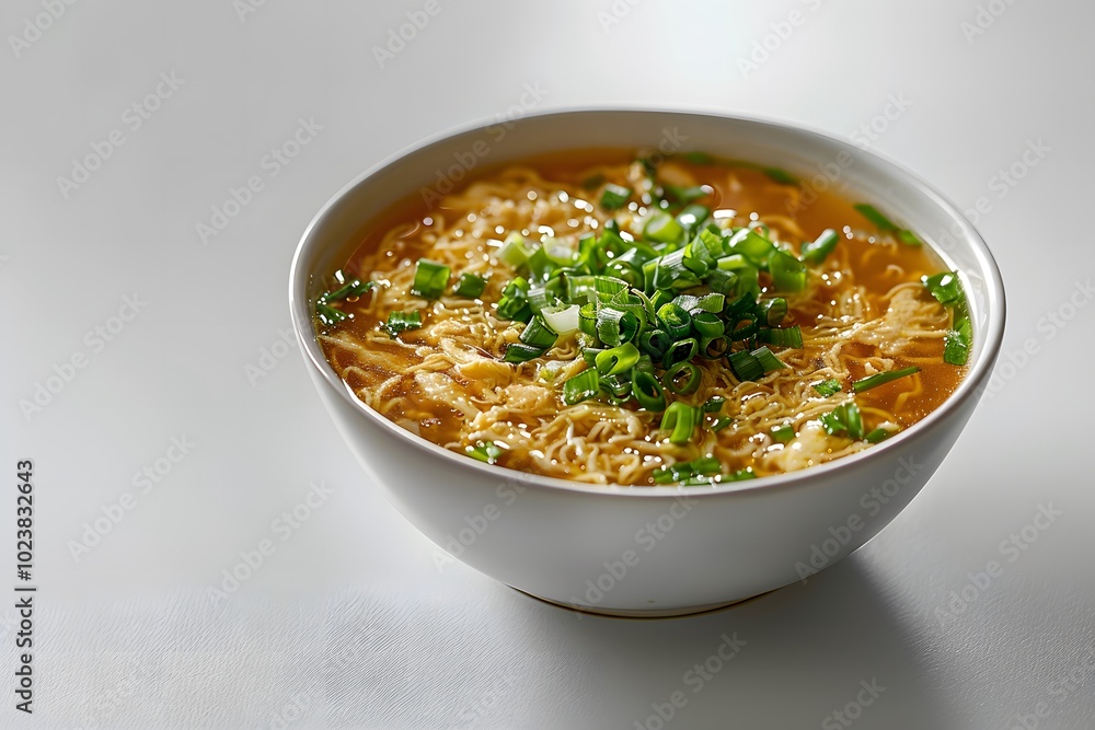 Egg drop soup garnished with green onions in a white bowl. Overhead view of a light and comforting Chinese dish for food blogs, restaurant menus, and healthy eating promotions. Egg drop soup garnished with green onions in a white bowl. Overhead view of a light and comforting Chinese dish for food blogs, restaurant menus, and healthy eating promotions.