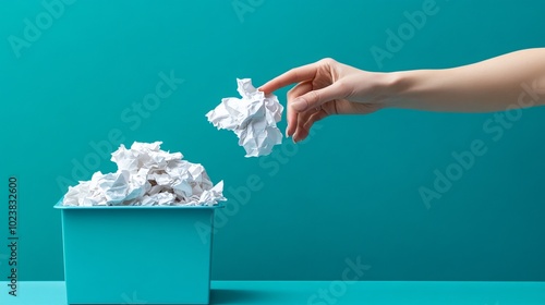 A woman's hand discards crumpled paper by aiming it into a receptacle designed for waste disposal. 