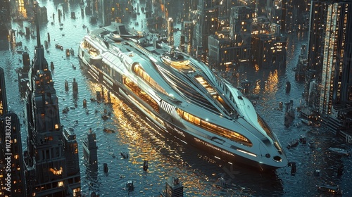 Futuristic Yacht Navigating Through A Flooded City photo