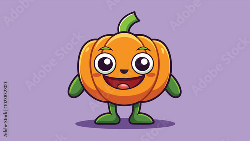 A cheerful cartoon pumpkin character stands with arms outstretched surrounded by autumn leaves, showcasing a playful and friendly autumn theme