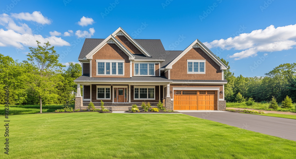 A beautiful two-story new American shingle-style exterior, a blue sky background Generated with AI A beautiful two-story new American shingle-style exterior, a blue sky background Generated with AI