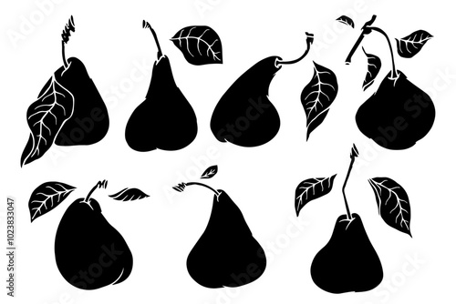 Collection of pear fruit silhouettes, stamps. Decorative silhouette of seasonal fruits. Vector graphics.
