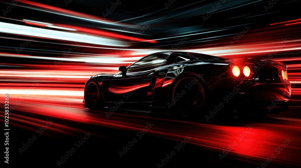 A black sports car streaks through a tunnel of red and white lights, leaving a trail of motion blur behind it. The car is moving fast, and the lights create a sense of speed and energy. A black sports car streaks through a tunnel of red and white lights, leaving a trail of motion blur behind it. The car is moving fast, and the lights create a sense of speed and energy.