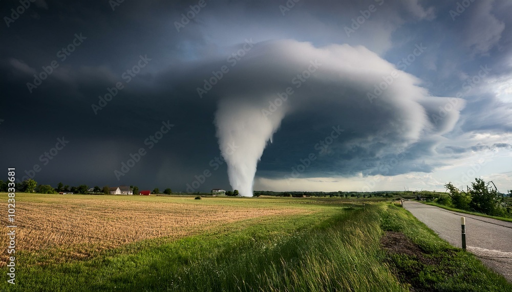 A tornado forming and touching down on the ground; a sinister tornado lands on the ground; natural disaster and mother nature; weather photography; tornado chasers and twister wranglers