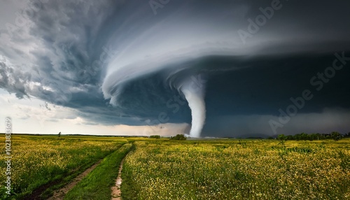 A tornado forming and touching down on the ground; a sinister tornado lands on the ground; natural disaster and mother nature; weather photography; tornado chasers and twister wranglers photo