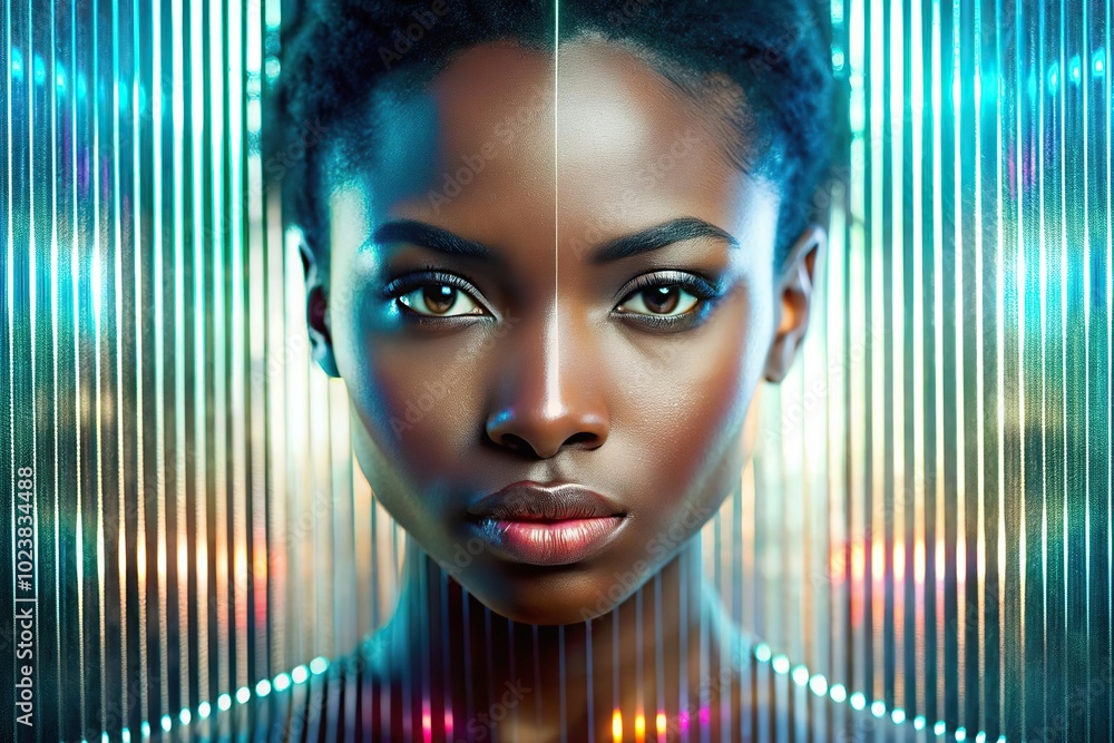 Abstract woman portrait with glass texture. Glitched and corrupted female face. Beautiful girl. Model hidden behind mirror pattern. Neon red and pink Reeded Glass. Ribbed Background. Abstract woman portrait with glass texture. Glitched and corrupted female face. Beautiful girl. Model hidden behind mirror pattern. Neon red and pink Reeded Glass. Ribbed Background.